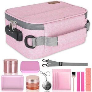 Pink lockable storage case with smell proof bag organizer set travel safe box